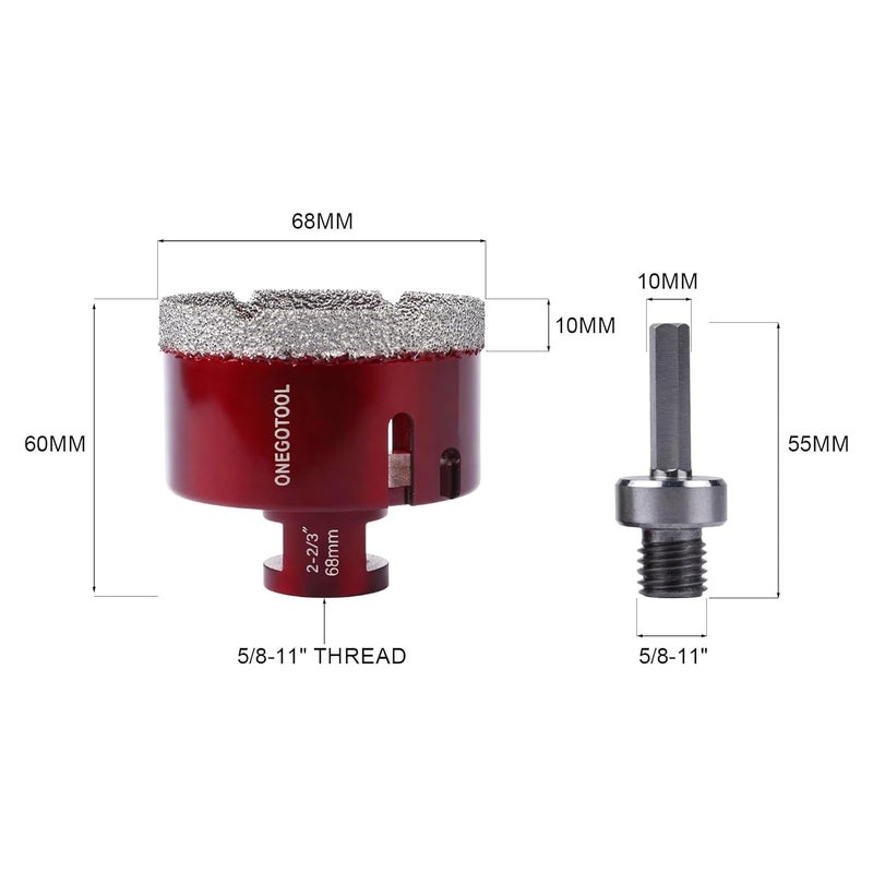 ONEGOTOOL 2-11/16 Inch（68mm） Diamond Hole Saw Tile Masonry Core Drill bits for Porcelain Ceramic Concrete Granite Marble 5/8-11 Thread for Angle Grinders and 3/8” Hex Shank - Image 2